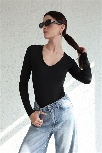 V Yaka Uzun Kol Bodysuit