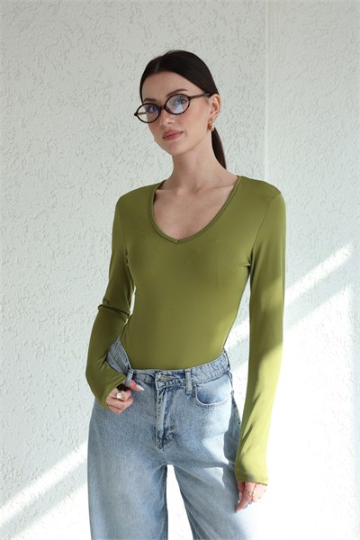 V Yaka Uzun Kol Bodysuit