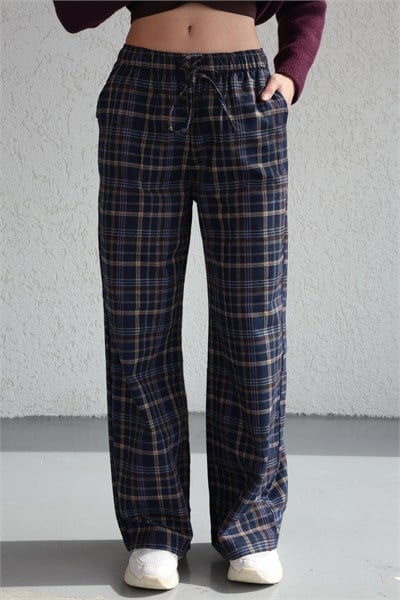 Bel İpli Ekose Bol Pantolon