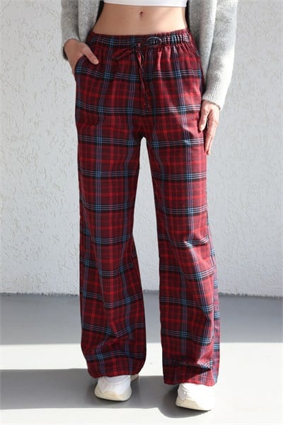 Bel İpli Ekose Bol Pantolon