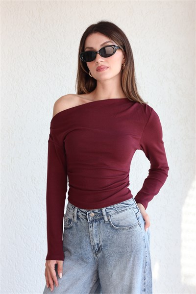 Modal Yan Drape Kayık Yaka Bluz