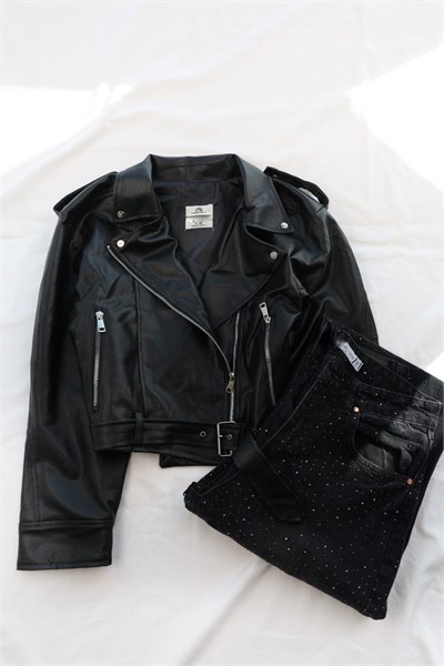 Biker Kemerli Deri Ceket