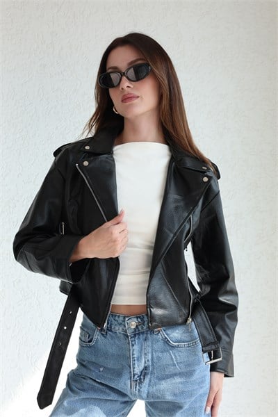 Biker Kemerli Deri Ceket