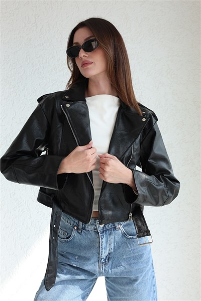 Biker Kemerli Deri Ceket