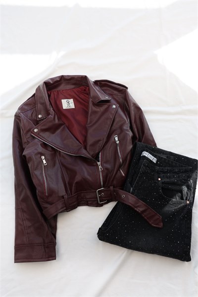 Biker Kemerli Deri Ceket