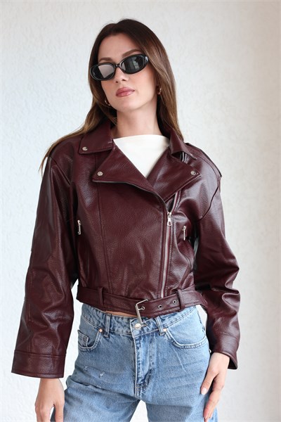 Biker Kemerli Deri Ceket