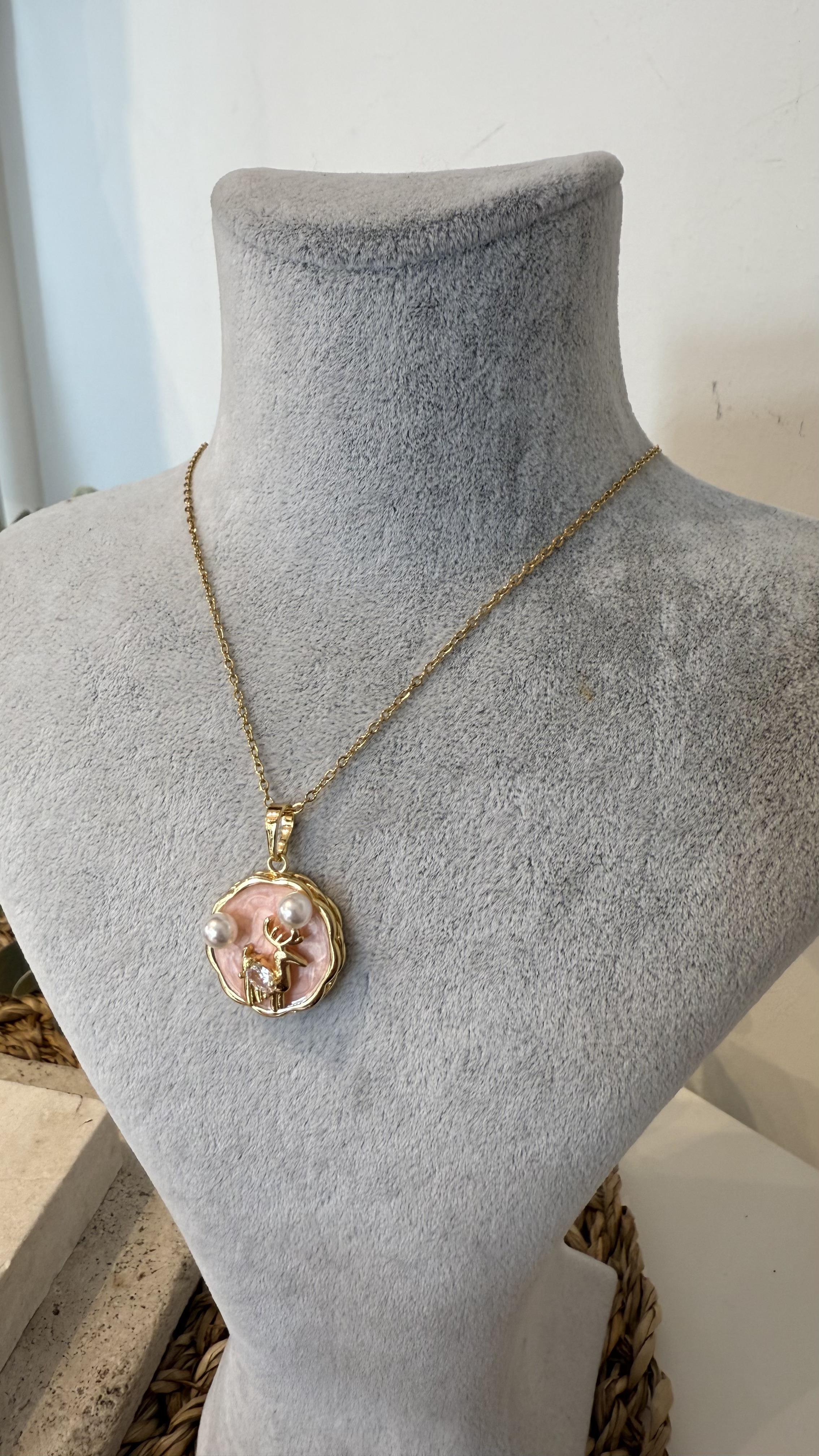 Çelik Gold Renk Mineli Pembe Kolye 40+5cm