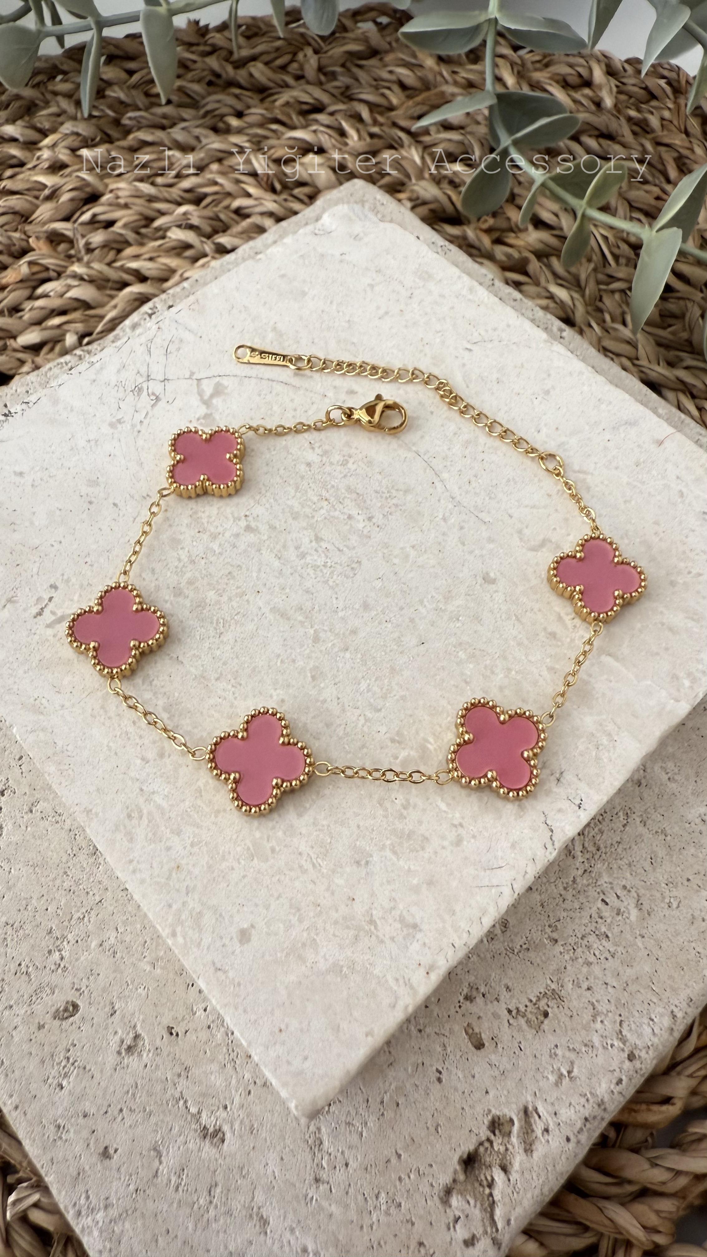 Çelik Gold Yonca Pembe Bileklik