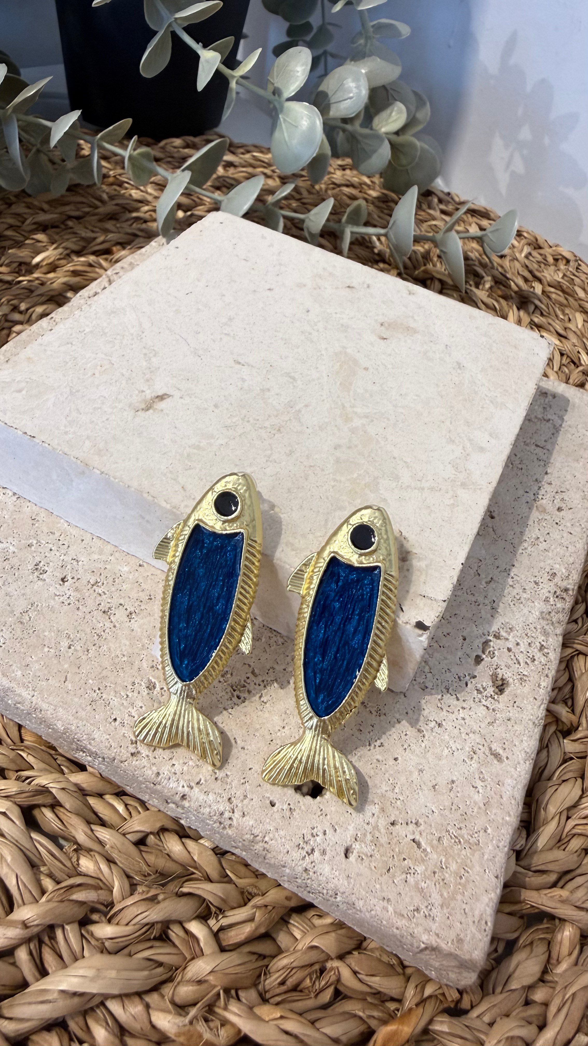 İthal Gold Renk Mavi Balık Küpe