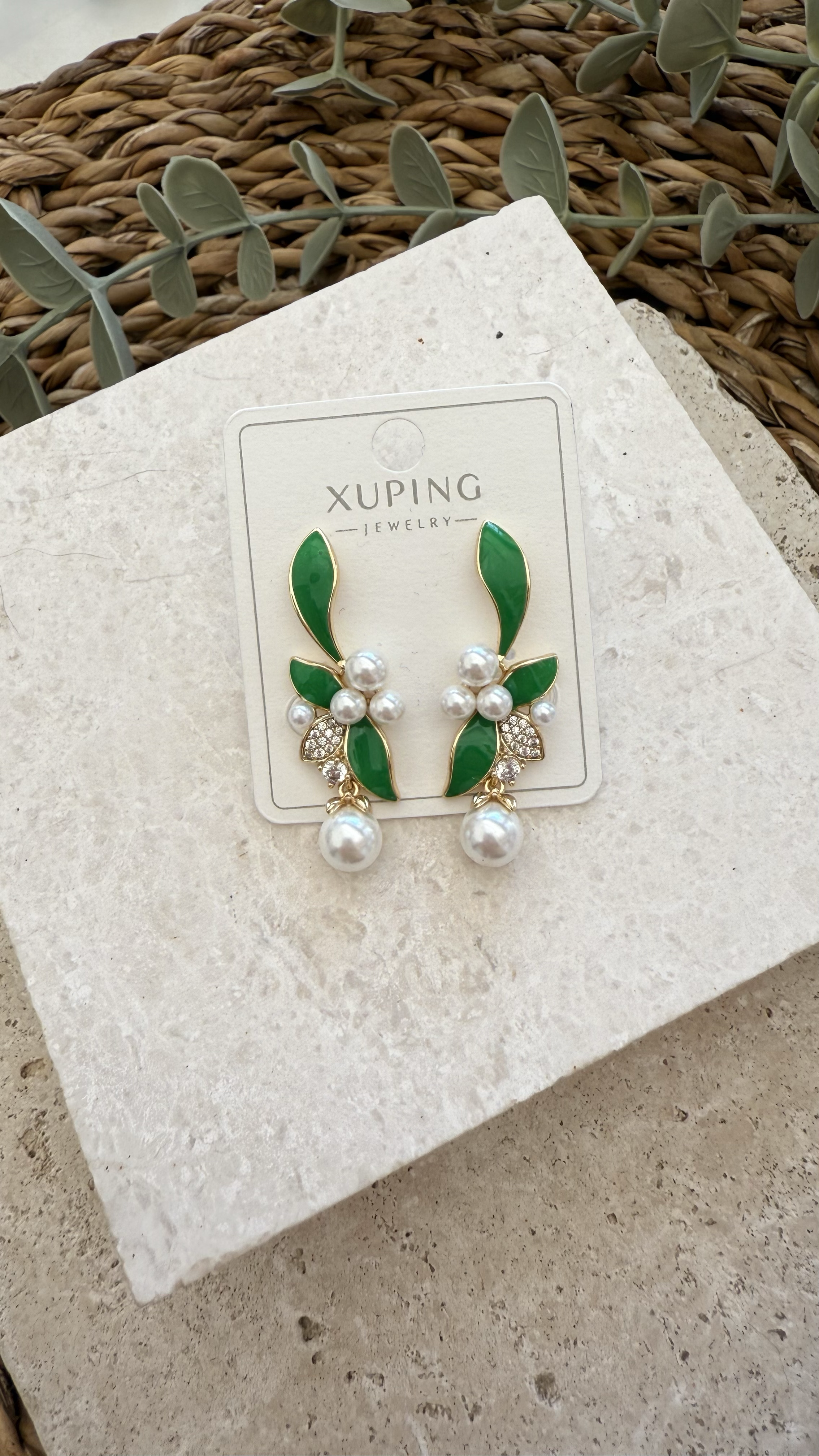 Xuping Gold Renk Yeşil Mineli Küpe