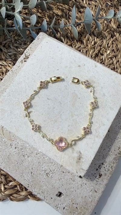 316L Paslanmaz Çelik Gold Renk Taşlı Yonca Bileklik