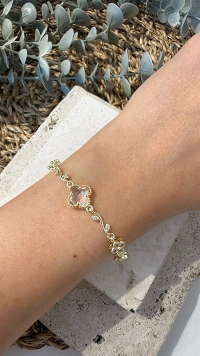 316L Paslanmaz Çelik Gold Renk Taşlı Yonca Bileklik