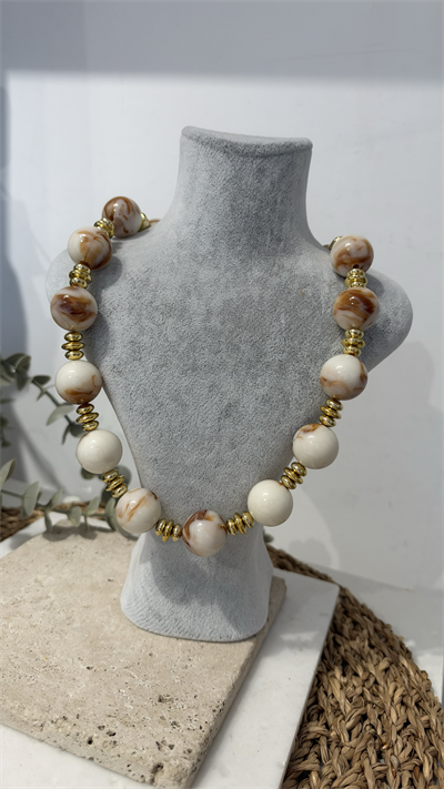 İthal Bej Gold Boncuk Kolye 40+10cm