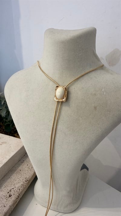 İthal Gold Renk Beyaz Taşlı Kolye 