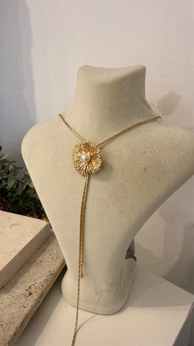 İthal Gold Renk İncili Çiçek Kolye