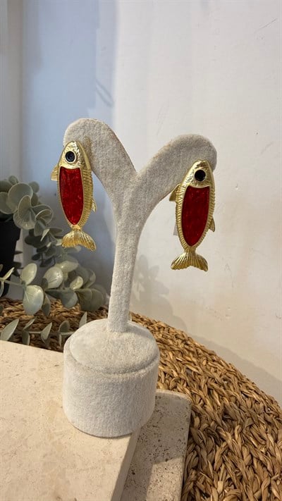 İthal Gold Renk Kırmızı Balık Küpe