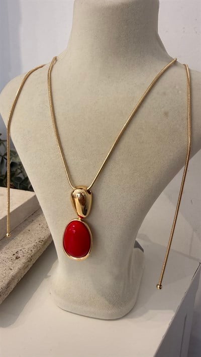 İthal Gold Renk Kırmızı Taşlı Kolye