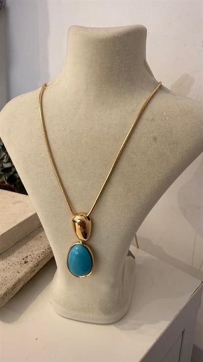 İthal Gold Renk Mavi Taşlı Kolye