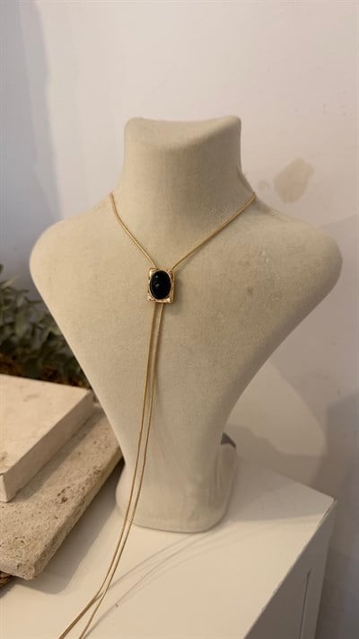 İthal Gold Renk Siyah Taşlı Kolye 