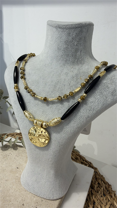 İthal İkili Siyah Gold Boncuk Kolye 40+10cm
