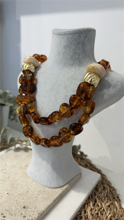 İthal Kahve İkili Gold Boncuk Kolye 