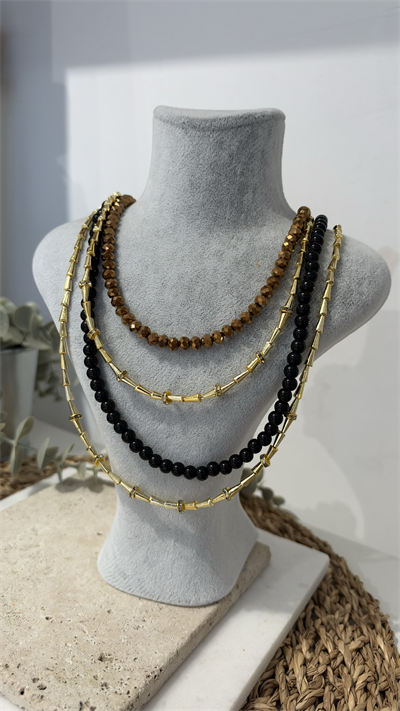 İthal Üçlü Siyah Gold Metalik Boncuk Kolye 40+7cm 
