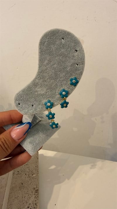 Zirkon Üçlü Gold Renk Mavi Çiçek Küpe