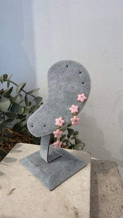 Zirkon Üçlü Gold Renk Pembe Çiçek Küpe