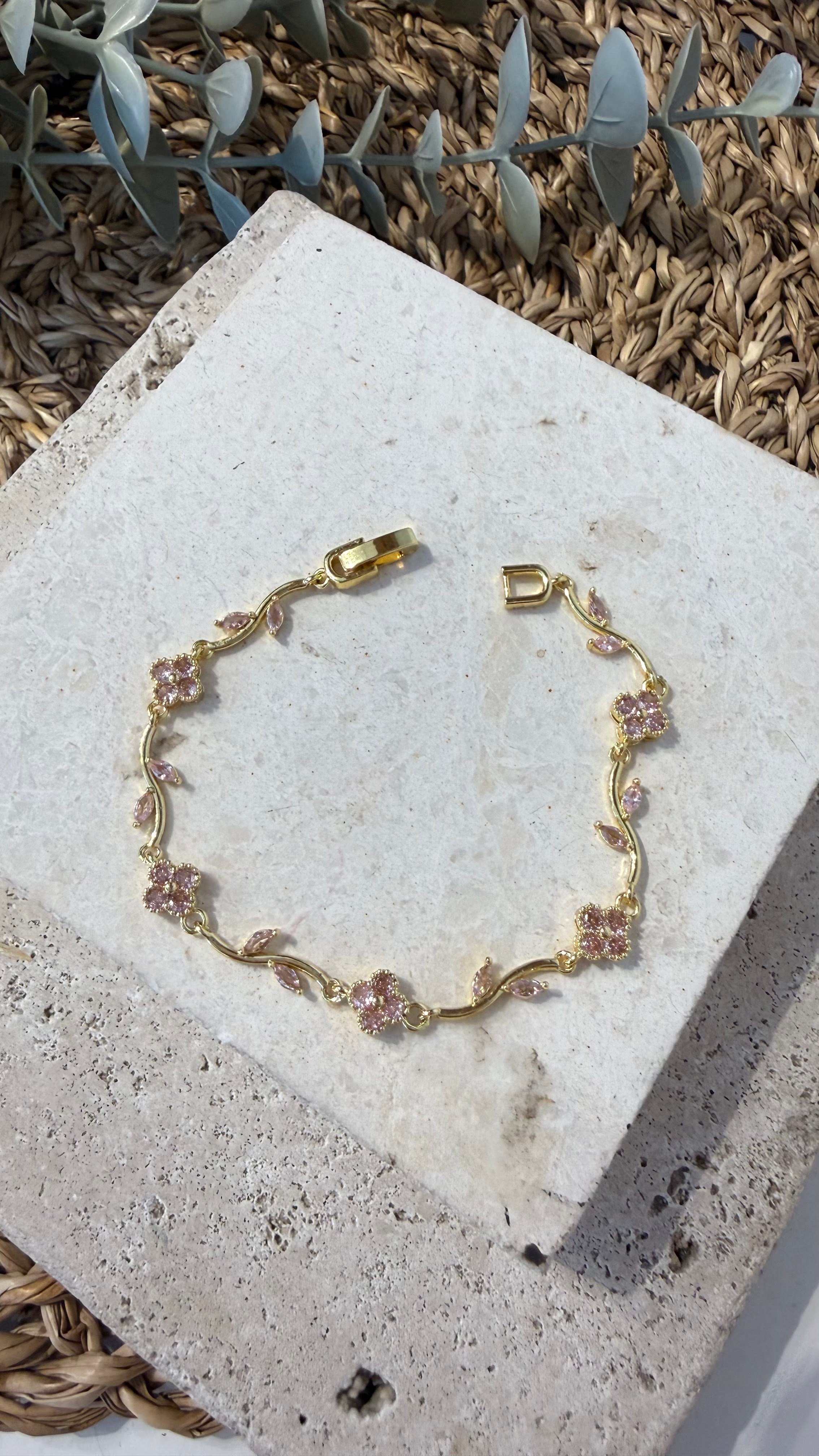 316L Paslanmaz Çelik Gold Renk Taşlı Yonca Bileklik
