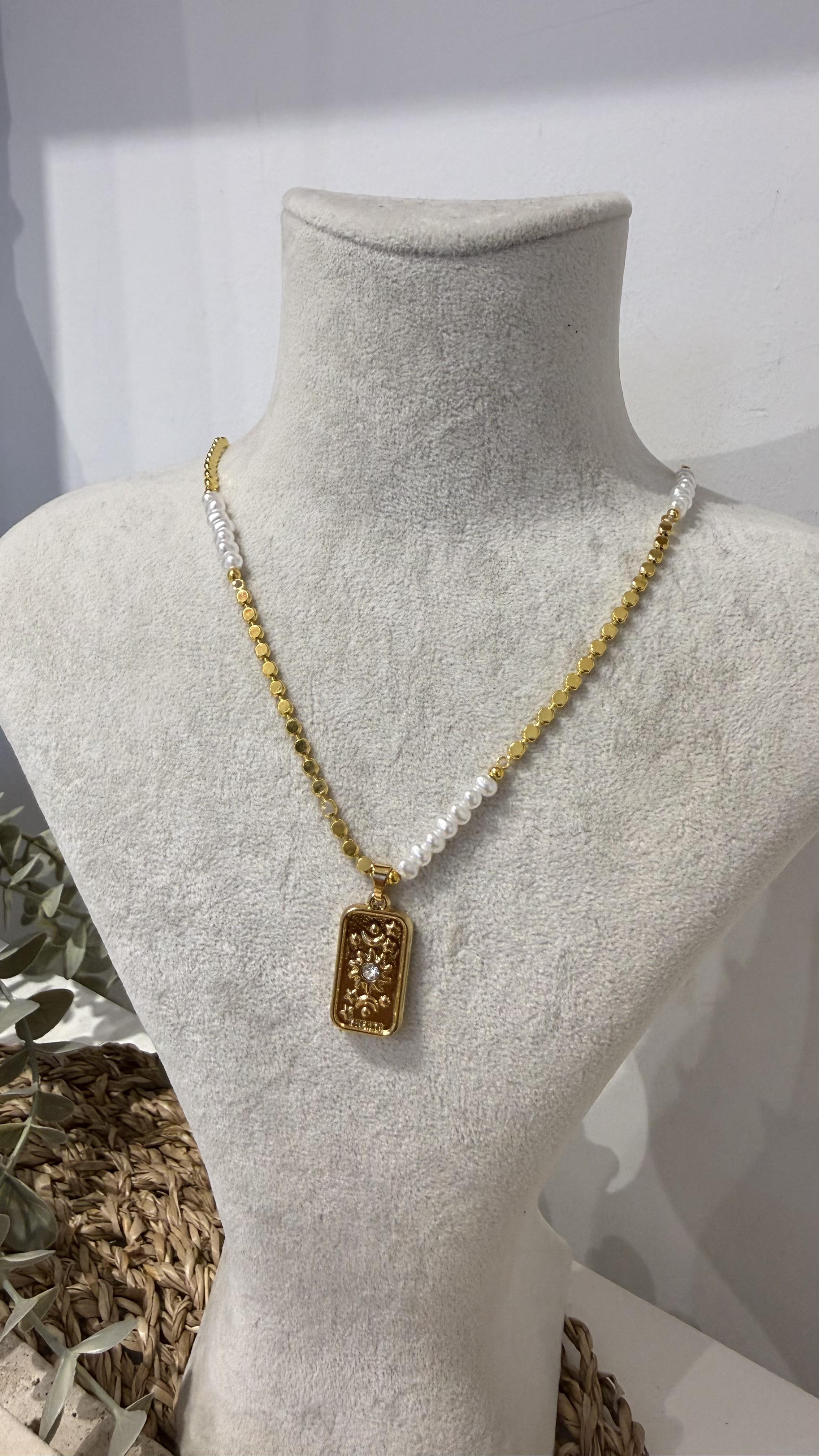 Çelik Gold Renk Boncuklu Plaka Kolye 40+5cm
