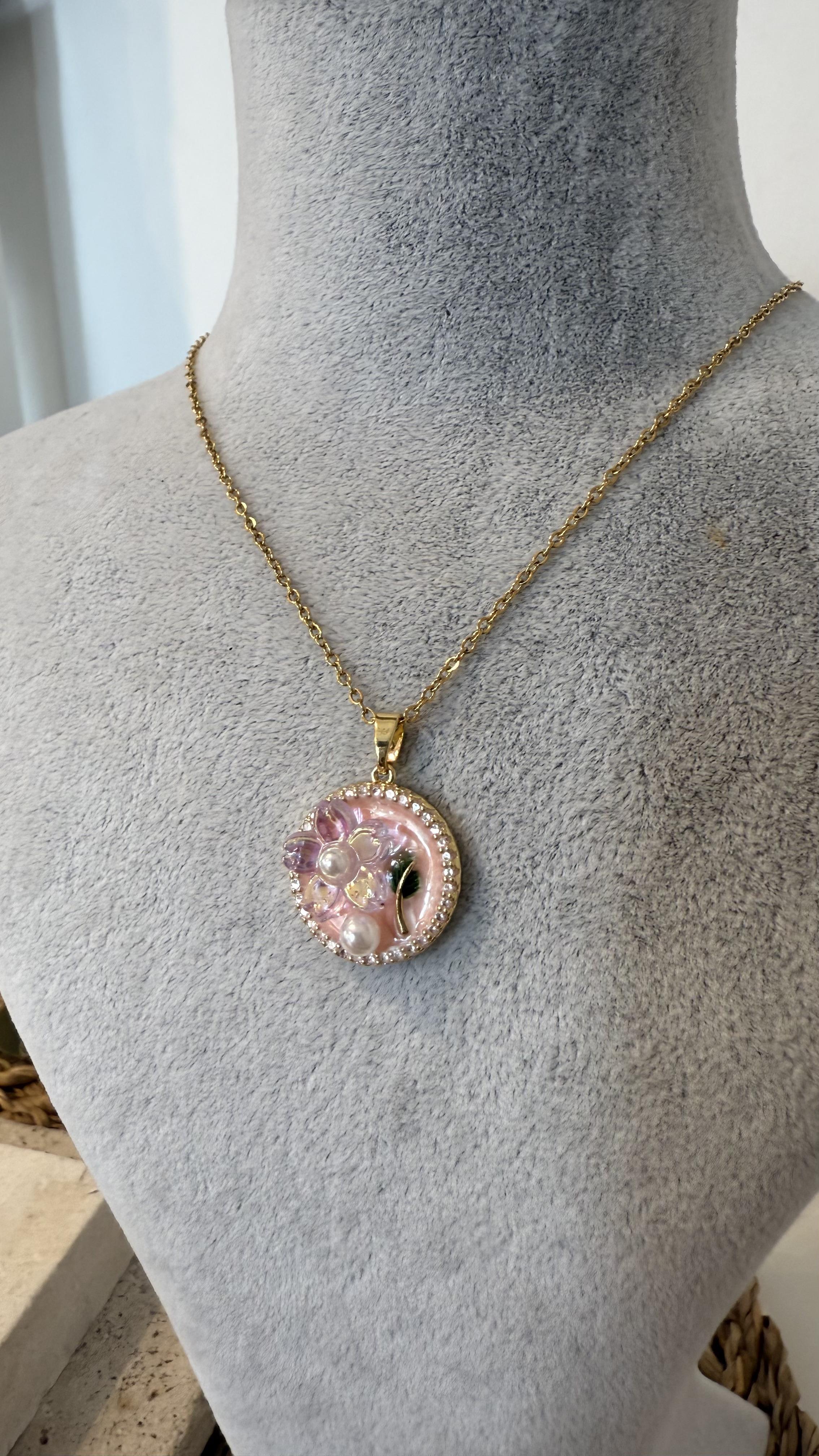 Çelik Gold Renk Mineli Pembe Kolye 40+5cm