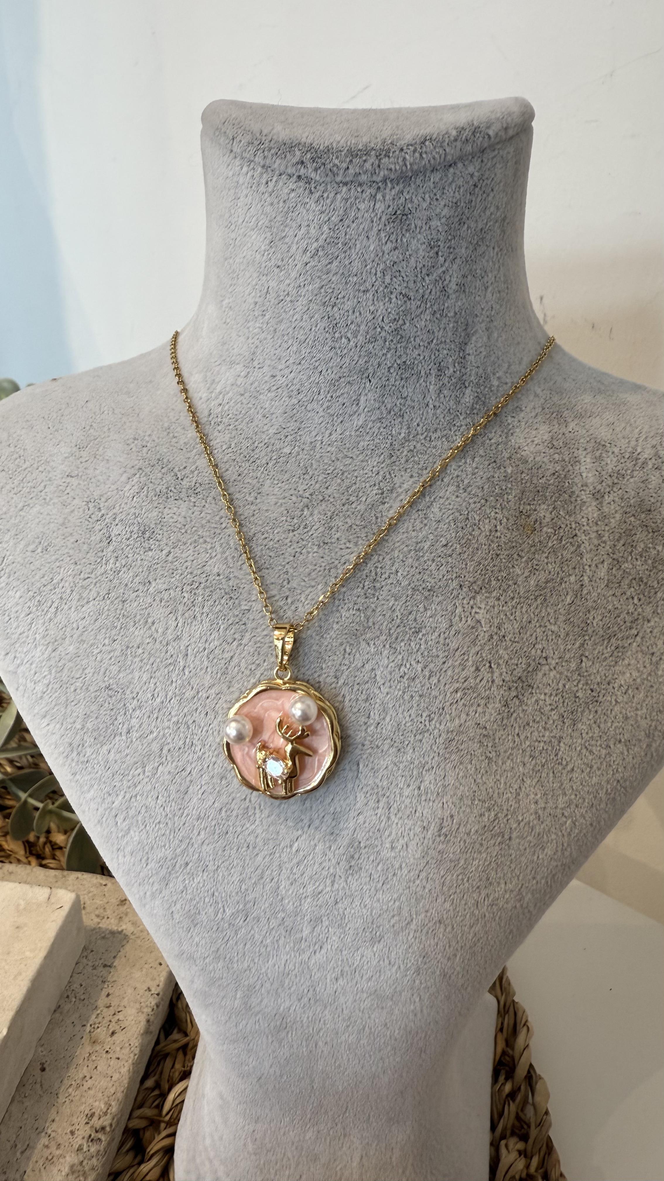 Çelik Gold Renk Mineli Pembe Kolye 40+5cm