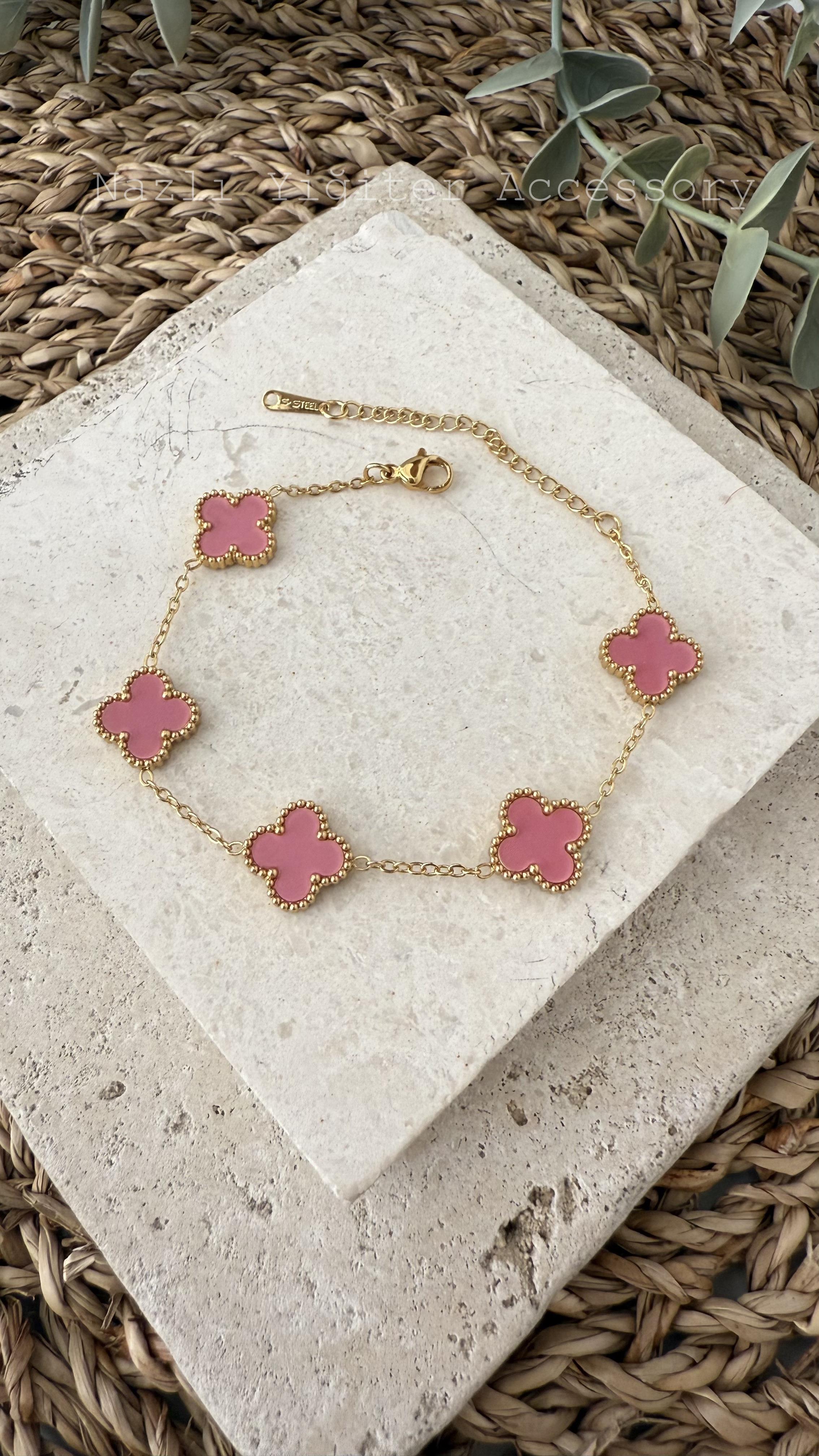 Çelik Gold Yonca Pembe Bileklik