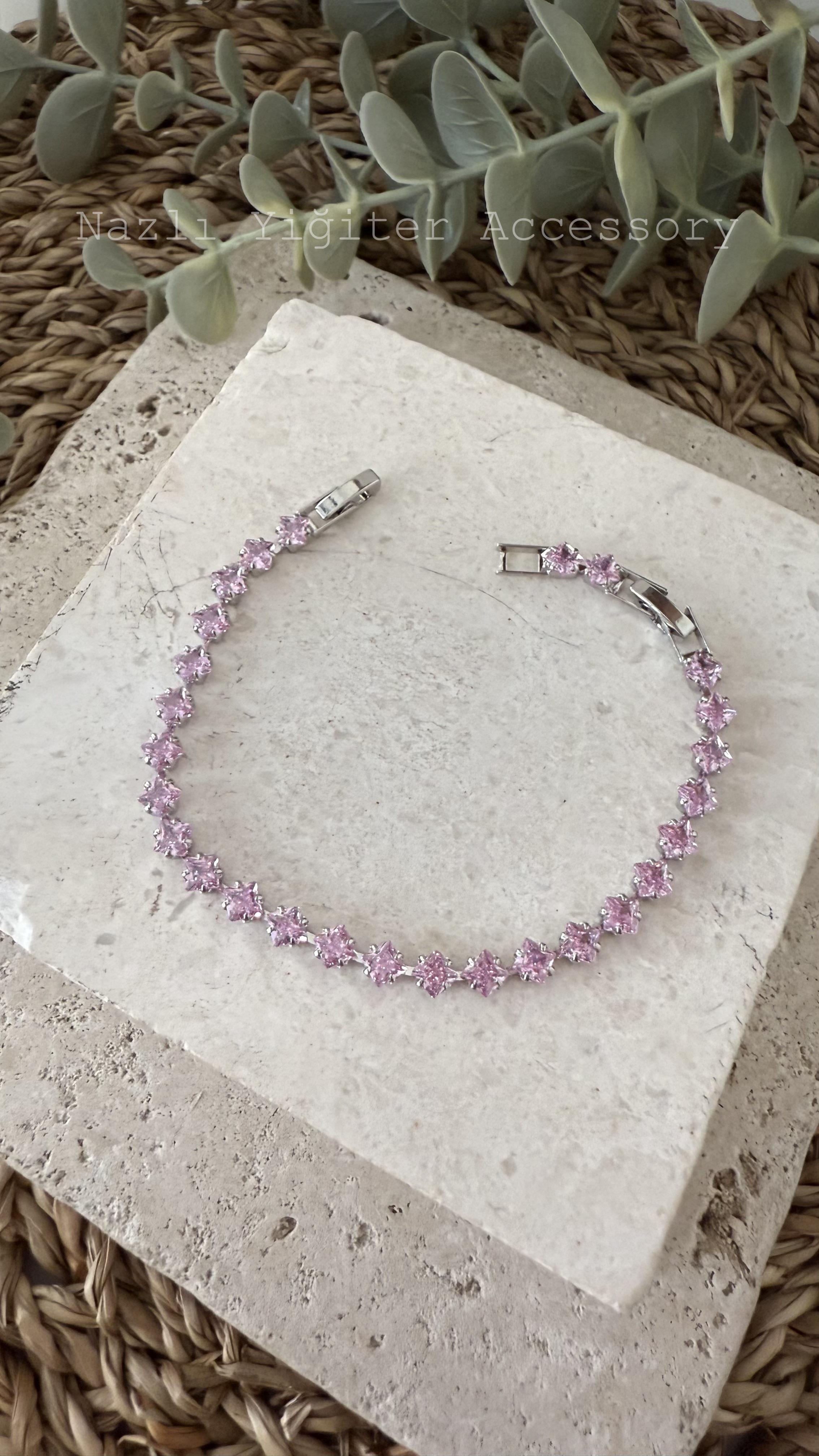 Çelik Gümüş Renk Pembe Taşlı Su Yolu Bileklik