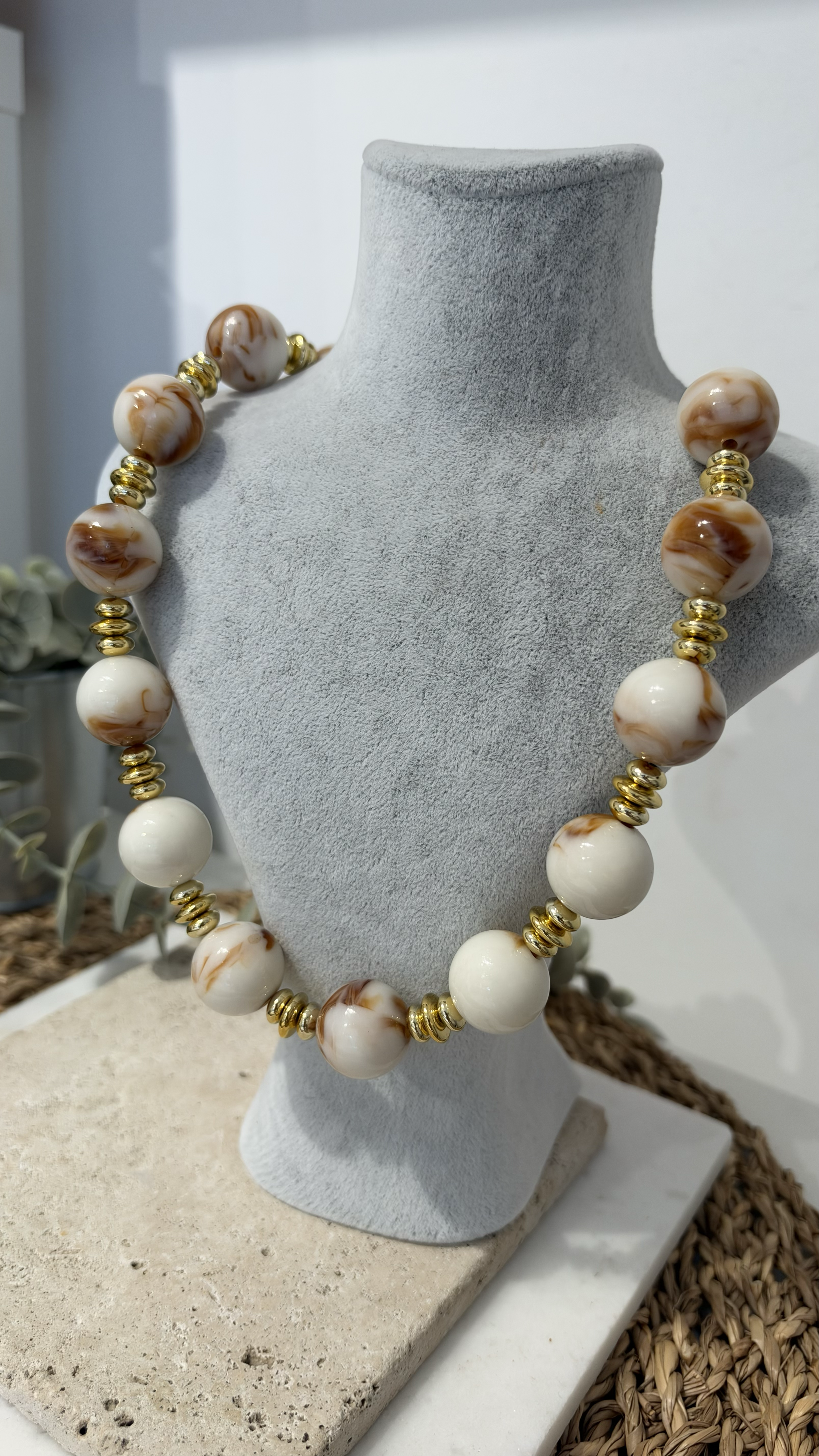 İthal Bej Gold Boncuk Kolye 40+10cm