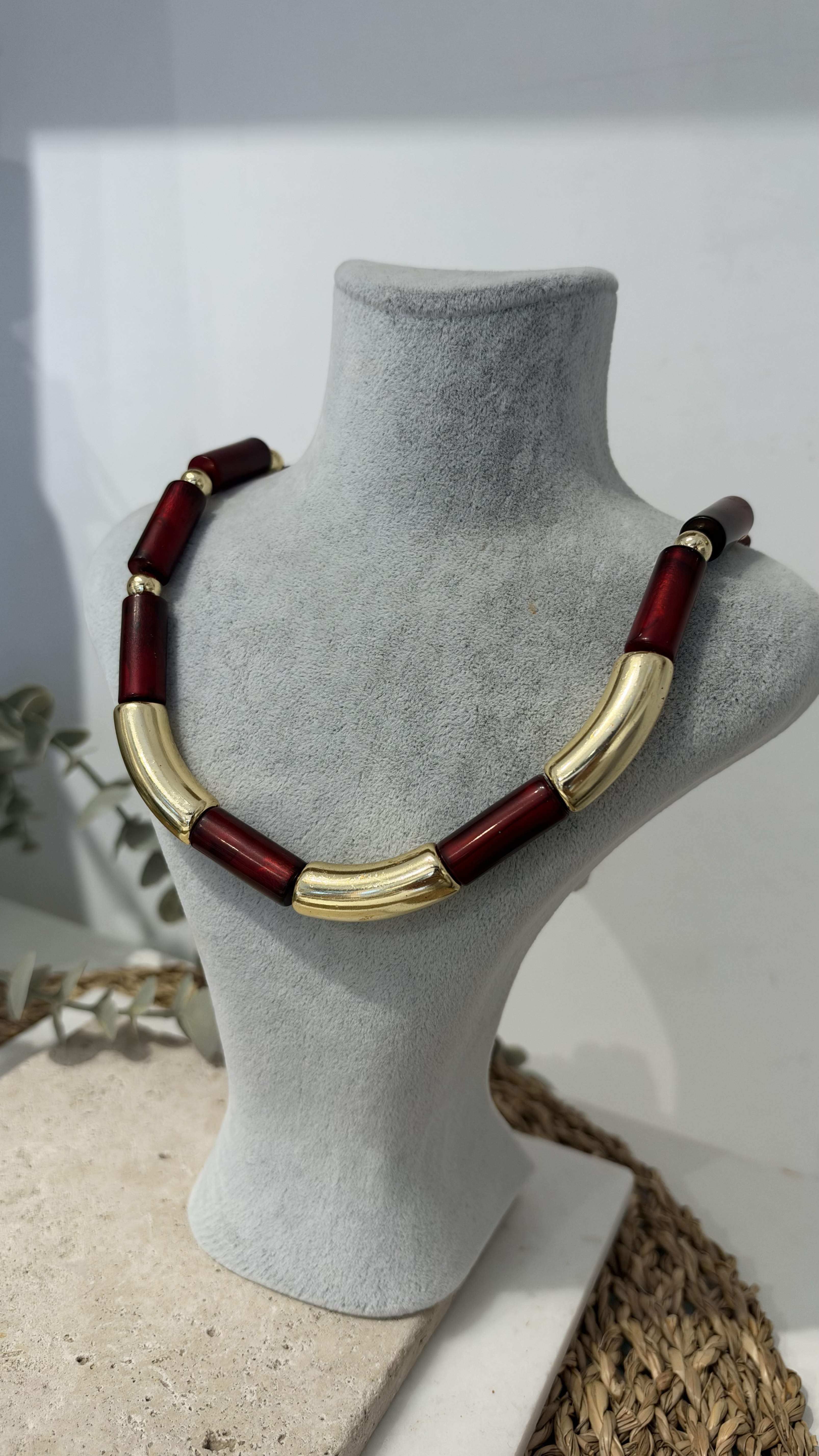 İthal Bordo Gold Boncuk Kolye 40+10cm