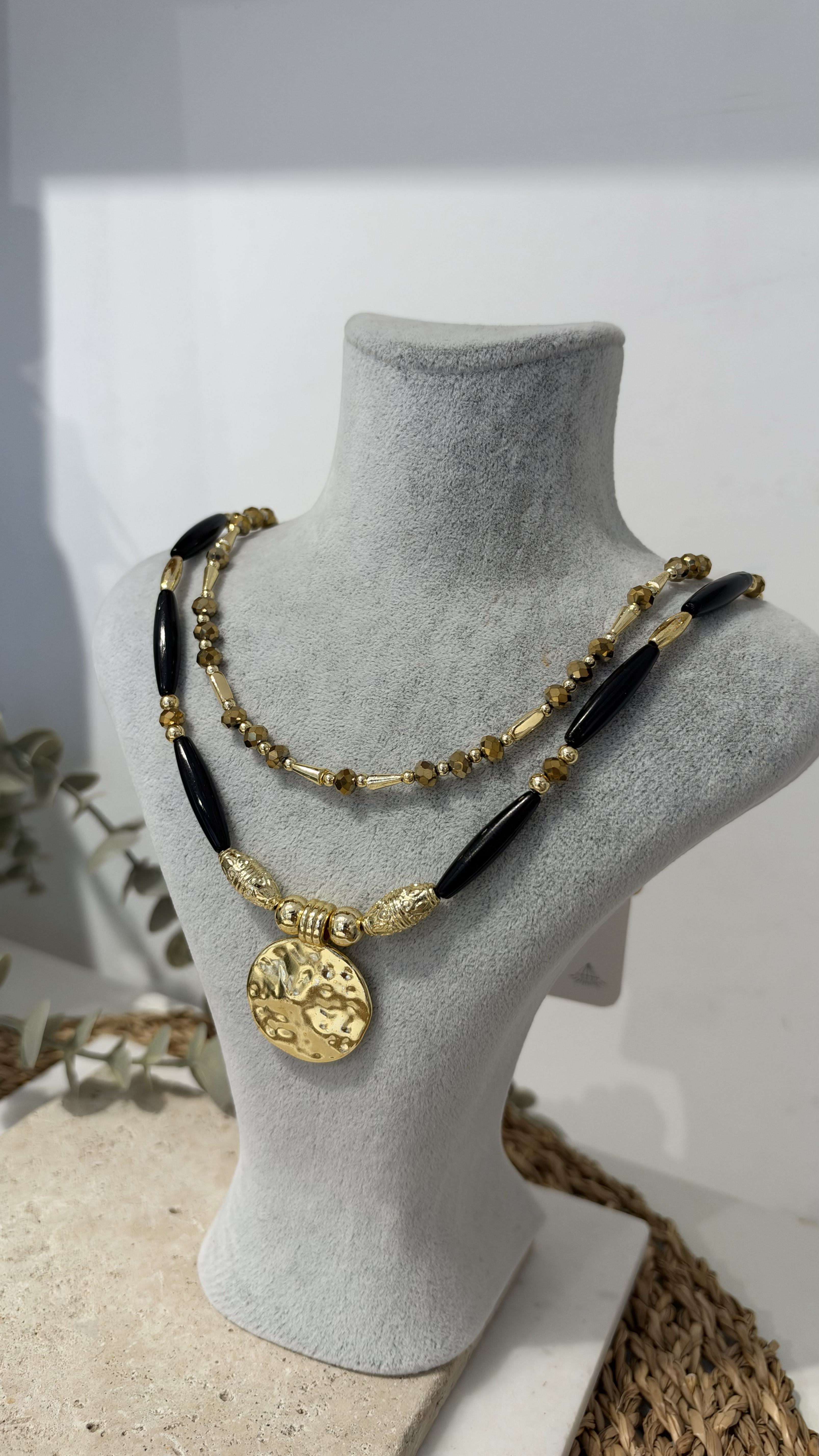 İthal İkili Siyah Gold Boncuk Kolye 40+10cm