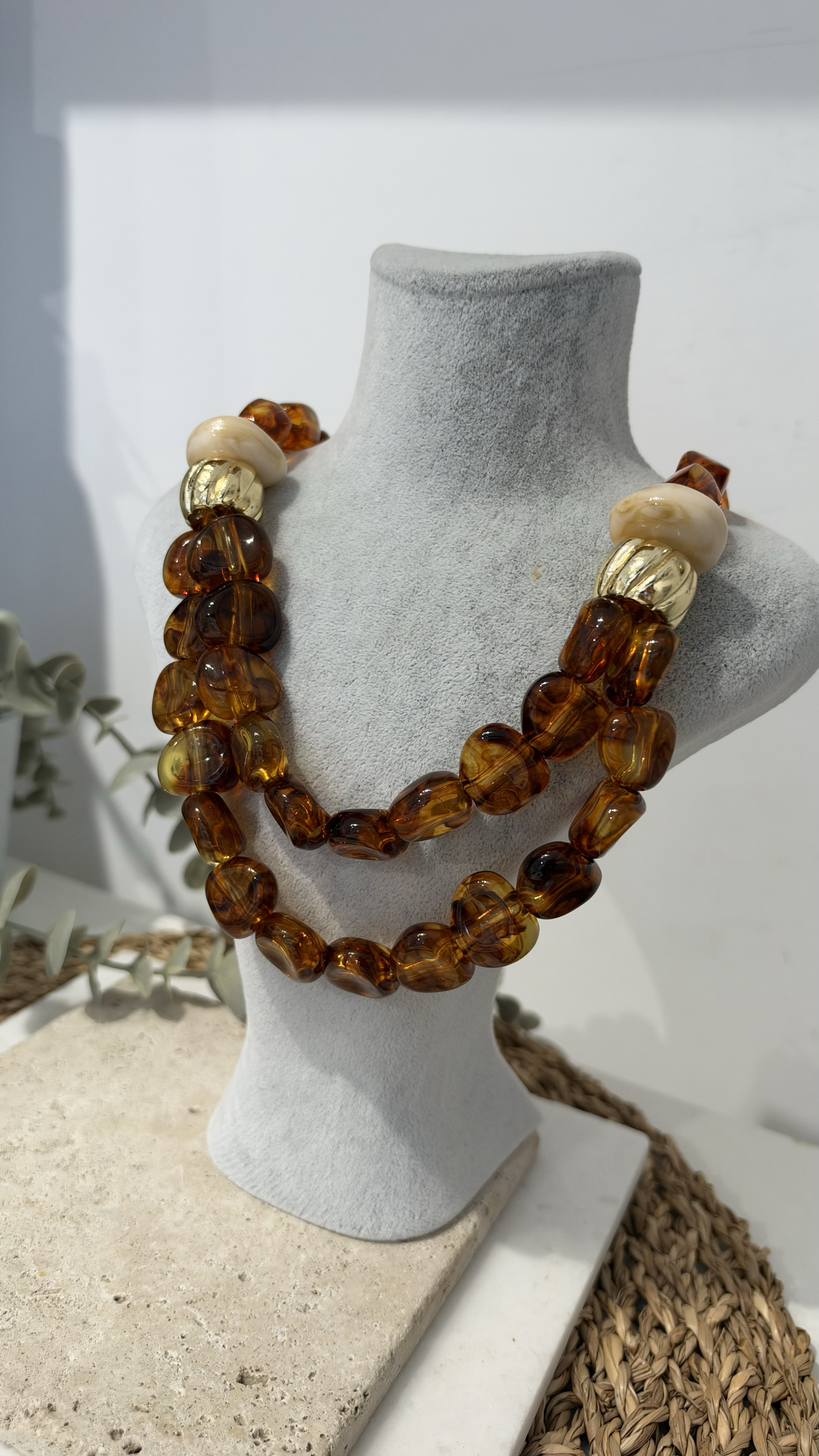 İthal Kahve İkili Gold Boncuk Kolye 