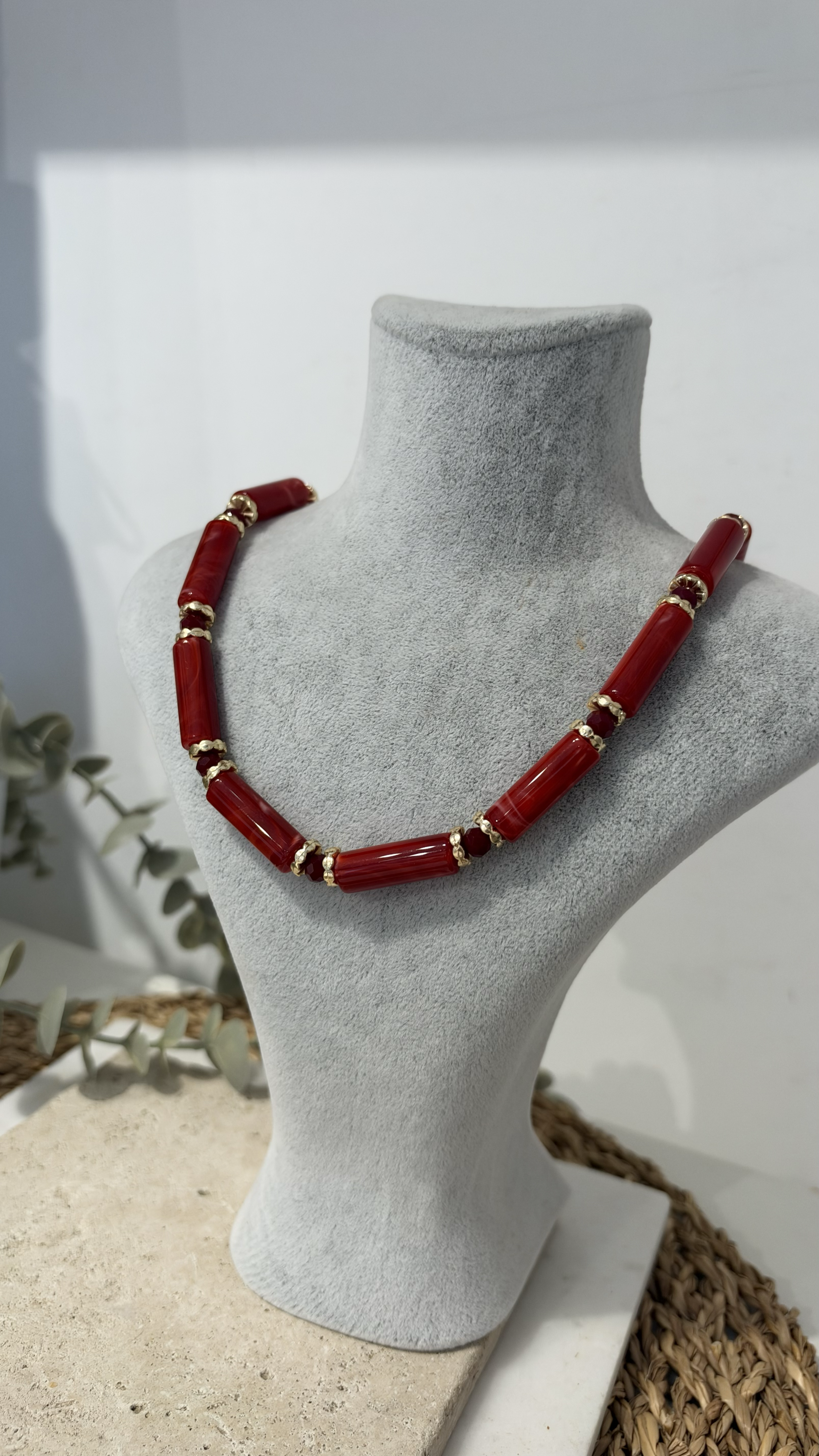 İthal Kırmızı Gold Boncuk Kolye 40+10cm