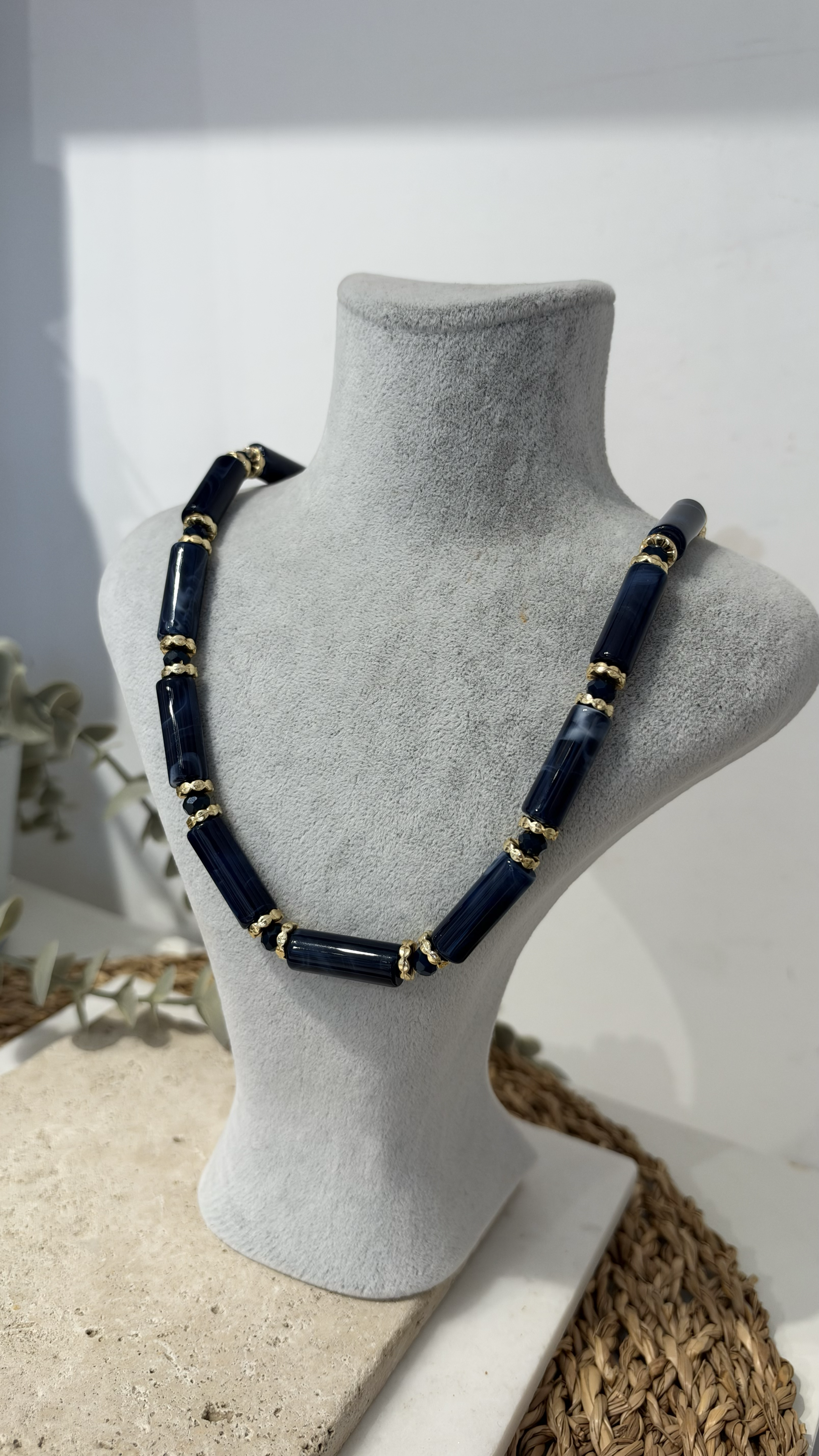 İthal Mavi Gold Boncuk Kolye 40+10cm