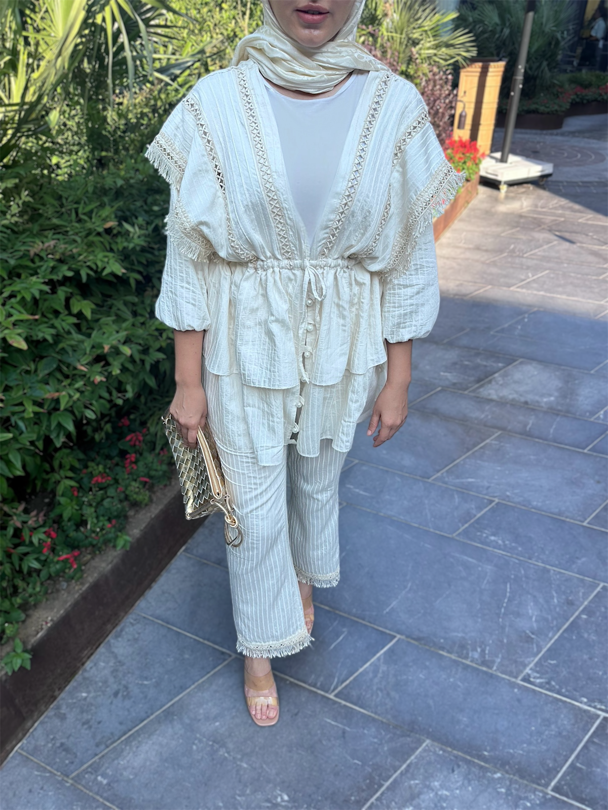 Krem Çizgili Dantelli Kimono Takım