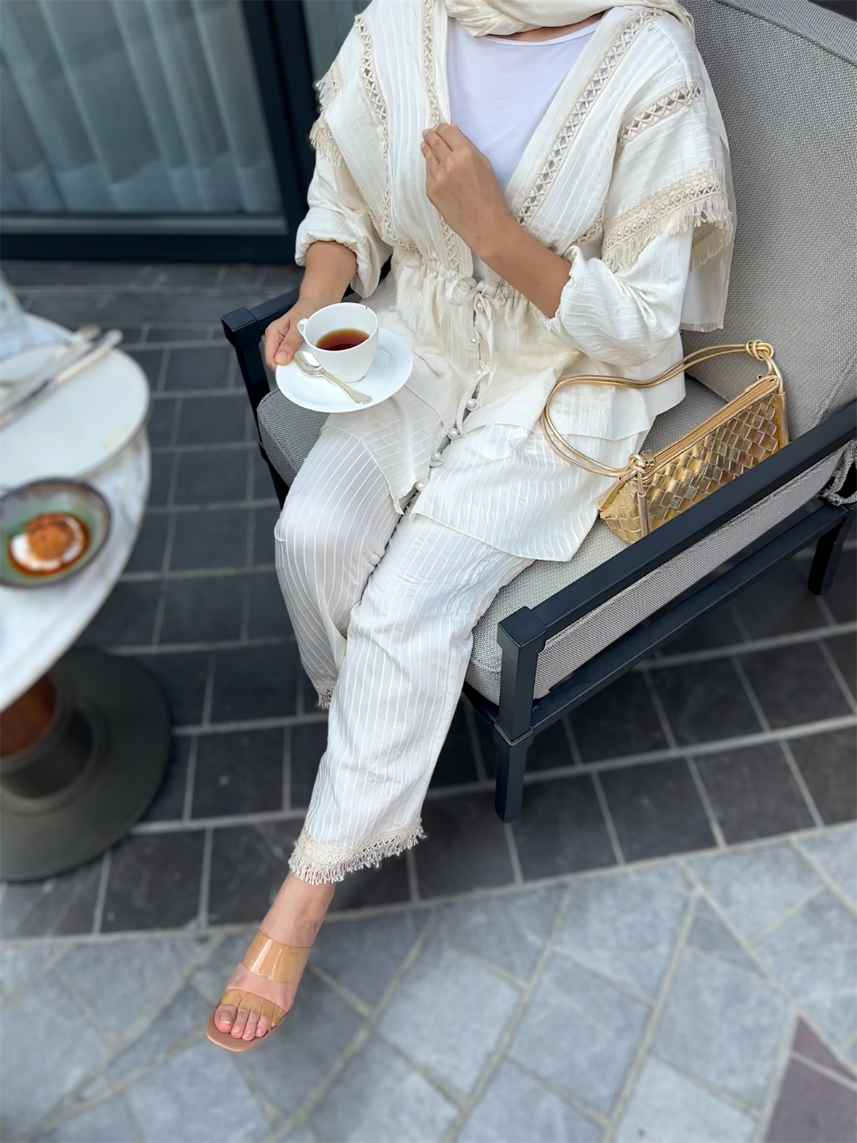 Krem Çizgili Dantelli Kimono Takım
