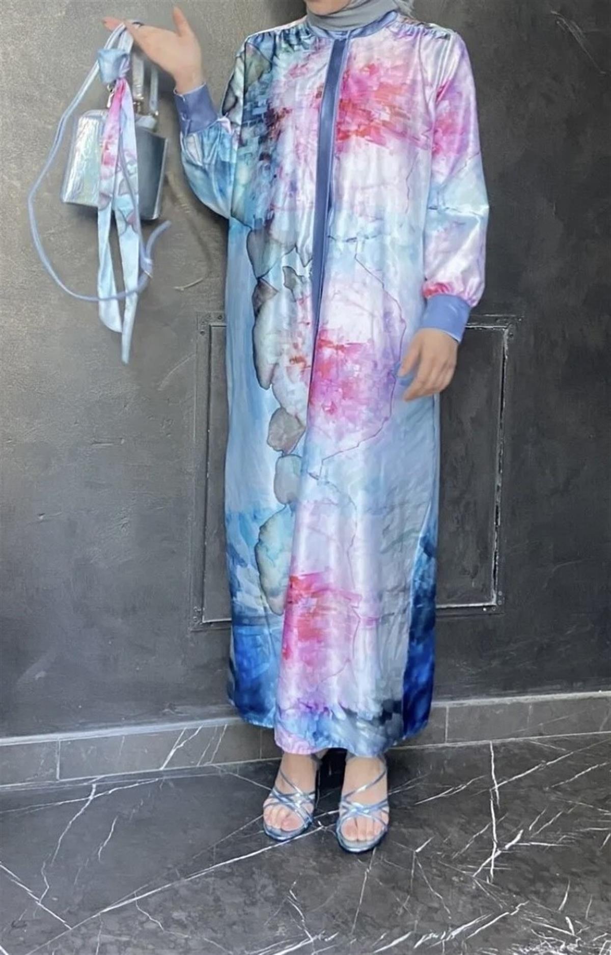 Mavi Gül Detaylı Saten Elbise