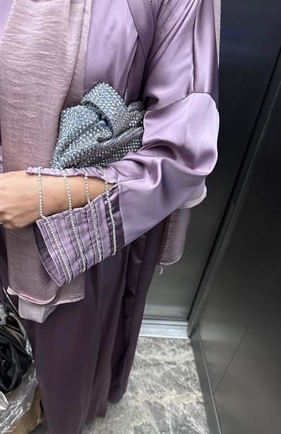 Lila  Şerit Taş Detaylı Abaya