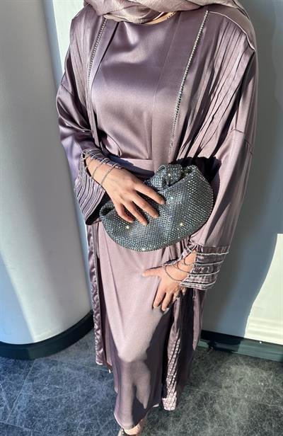 Lila  Şerit Taş Detaylı Abaya