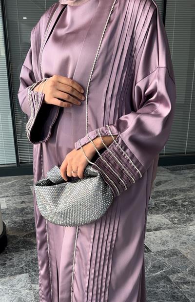 Lila  Şerit Taş Detaylı Abaya