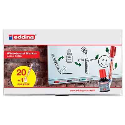 Edding 360 XL Beyaz Yazı Tahtası Kalemi, Yuvarlak  Uç, 1.5-3 mm, 20 Adet Kalem, 1 Adet Mürekkep, Kırm