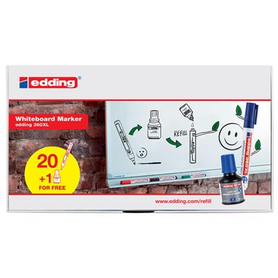 Edding 360 XL Beyaz Yazı Tahtası Kalemi, Yuvarlak  Uç, 1.5-3 mm, 20 Adet Kalem, 1 Adet Mürekkep, Mavi
