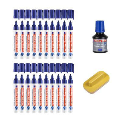Edding 360 XL Beyaz Yazı Tahtası Kalemi, Yuvarlak  Uç, 1.5-3 mm, 20 Adet Kalem, 1 Adet Mürekkep, Mavi