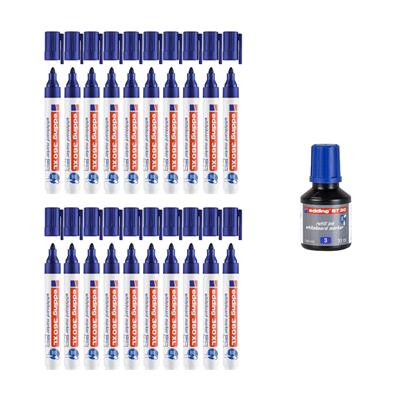 Edding 360 XL Beyaz Yazı Tahtası Kalemi, Yuvarlak  Uç, 1.5-3 mm, 20 Adet Kalem, 1 Adet Mürekkep, Mavi